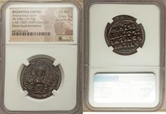 Ancients Byzantine Anonymous. Class A3 (ca. AD 1020-1028). AE follis (27mm, 10.79 gm, 5h). NGC Choice AU 5/5 - 4/5. +EMMA-NOVVHΛ, bust of Christ facing, wearing nimbus cruciger with two pellets in eac