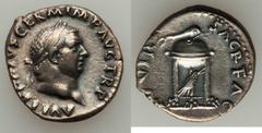 Ancients Roman Imperial Vitellius (AD 69). AR denarius (18mm, 2.86 gm, 4h). Choice VF, tooled. Rome, late April-December AD 69. A VITELLIVS GERM IMP AVG TR P, laureate head of Vitellius right / XV VIR