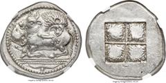 Ancients Ancients MACEDON. Acanthus. Ca. 525-470 BC. AR tetradrachm (27.5mm, 17.10 gm). NGC MS ★ 5/5 - 4/5, Fine Style. Struck ca. 480-470 BC. Lion springing right, attacking bull kneeling to left wit