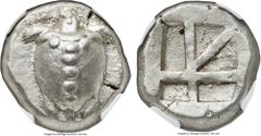 Ancients Ancients SARONIC ISLANDS. Aegina. Ca. 480-457 BC. AR stater (21mm, 12.25 gm). NGC Choice AU ★ 5/5 - 5/5. Sea turtle, viewed from above, head turned sideways, with trefoil collar and row of fi