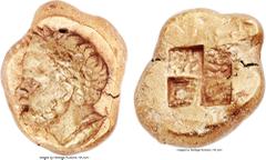 Ancients Ancients MYSIA. Cyzicus. Early-mid 4th century BC. EL stater (21mm, 16.10 gm). NGC AU 5/5 - 3/5, Fine Style, flan flaw. Laureate, bearded male head left (likely Timotheos) with bald forehead,