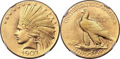 Indian Eagles 1907 $10 Wire Rim MS67+ NGC. CAC. The 1907 Indian eagle, with a Wire Rim around the circumference of the coin and periods before and after the reverse legend and denomination, represents