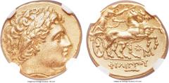 Ancients MACEDONIAN KINGDOM. Philip II (359-336 BC). AV stater (19mm, 8.58 gm, 6h). NGC AU 5/5 - 3/5, Fine Style, brushed. Pella, struck under Philip III Arrhidaeus, ca. 323-317 BC. Laureate head of A