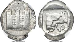 Ancients CILICIA. Tarsus (?). Ca. late 5th century BC. AR stater (22mm, 10.84 gm, 6h). NGC Choice VF 4/5 - 4/5. Side-view of fortified city walls with three crenelated towers, soldiers (?) on patrol b
