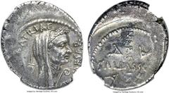 Ancients Divus Julius Caesar (died 44 BC). AR denarius (20mm, 4.10 gm, 6h). NGC AU 3/5 - 3/5, Fine Style. Posthumous issue by C. Cossutius Maridianus, moneyer. April 44 BC. PARENS PATRIAE-CAESAR, veil