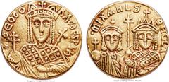 Ancients Michael III the Drunkard (AD 842-867), with Theodora and Thecla, AV solidus (20mm, 4.31 gm, 6h). VF, tooled. Constantinople, ca. AD 842-843. + ΘEOdO-RA C dESPVn', facing bust of Theodora, wea