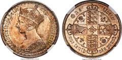 Great Britain Victoria Florin 1852 MS65 NGC, KM746.1, S-3891. One of the earliest dated Gothic Florins, and in a supreme Gem level grade. Exceedingly silky surfaces aglow with white luster, accented a