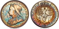 Great Britain Victoria Proof Florin 1893 PR66 NGC, KM781, S-3939. A stunning proof, the reverse vibrantly colored with a patina which has charmingly followed the pattern of the design; the outer ring 