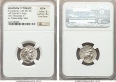 Ancients THRACIAN KINGDOM. Lysimachus (305-281 BC). AR drachm (18mm, 4.24 gm, 12h). NGC AU★ 5/5 - 4/5, Fine Style.  Ephesus, ca. 294-287 BC. Diademed head of deified Alexander right, wearing horn of A