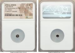 Ancients ATTICA. Athens. Ca. 440-404 BC. AR tetartemorion (5mm, 0.17 gm, 9h). NGC Choice VF 4/5 - 4/5. Helmeted head of Athena right / AΘE, upward-facing crescent within incuse square. Kroll –. SNG Co