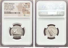 Ancients LYCIA. Phaselis. Ca. 4th century BC. AR stater (22mm, 10.42 gm, 2h). NGC MS 5/5 - 4/5, die shift.  Prow of galley right with fighting platform, gunwale decorated with eye / ΦAΣH above galley 