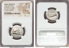 Ancients LYCIA. Phaselis. Ca. 4th century BC. AR stater (23mm, 10.35 gm, 5h). NGC MS 4/5 - 4/5 die shift.  Prow of galley right with fighting platform, gunwale decorated with eye / ΦAΣH above galley s