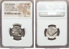 Ancients LYCIA. Phaselis. Ca. 4th century BC. AR stater (22mm, 10.38 gm, 11h). NGC Choice AU 4/5 - 4/5.  Prow of galley right, fighting platform decorated with facing gorgoneion, cicada (or fly?) faci