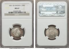 Sweden Carl XIV Johan 1/8 Riksdaler 1831-CB MS67 NGC, KM626. A spectacular coin, of museum quality with virtually perfect appearance, and currently the finest graded at NGC. From the Feeling Good Coll
