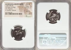 Ancients Greek ACARNANIA. Argos Amphilocicum. Ca. 350-300 BC. AR stater. NGC Choice VF 5/5 - 3/5, graffito. Pegasus flying left, A below / APΓEI, head of Athena left, wearing Corinthian helmet; creste
