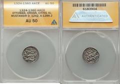Islamic Dynasties Ottoman Empire. Orhan Ghazi (AH 724-761 / AD 1324-1360) silver Akce ND (c. AH 730s / AD 1330s) AU50 ANACS, No mint, 1.15g, 15.5mm, A-1288.2 (R), ICV-3125var (type), Pere-Unl., Remler