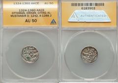 Islamic Dynasties Ottoman Empire. Orhan Ghazi (AH 724-761 / AD 1324-1360) silver Akce ND (c. AH 730s / AD 1330s) AU50 ANACS,  No mint, 1.20g, 16mm, A-1288.2 (R), ICV-3125var (type), Pere-Unl., Remler 