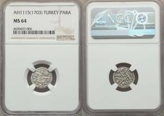 Islamic Dynasties Ottoman Empire. Ahmed III (AH 1115-1143 / AD 1703-1730) silver Para AH 1115 (AD 1703) MS64 NGC,  Constantinople mint (in Turkey), 0.58g, 15mm, KM139.1var (no mintmark), ICV-3266, Per