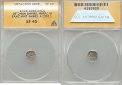 Islamic Dynasties Ottoman Empire. Murad III (AH 982-1003 / AD 1574-1595) Akce AH 982 (1574) XF45 ANACS,  Sakiz mint (in Chios, Greece), 0.45gm, 10mm, A-1336.2, Pere-299. Rarely found so well-executed,