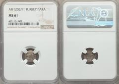 Islamic Dynasties Ottoman Empire. Selim III Akce AH 1203 Year 1 (1788/9) MS61 NGC, Islambul mint (in Turkey), 11mm, KM441. First Toughra. An incredibly rare first-year issue featuring Selim's first to