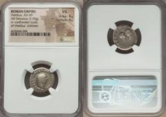 Ancients Roman Imperial Vitellius (AD 69). AR denarius (18mm, 2.95 gm, 5h). NGC VG 4/5 - 4/5. Rome. A VITELLIVS GERM IMP AVG TR P, laureate head of Vitellius right / LIBERI IMP GERM AVG, bareheaded an