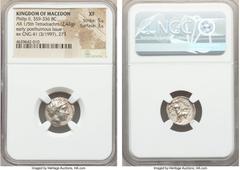 Ancients MACEDONIAN KINGDOM. Philip II (359-336 BC). AR 1/5 tetradrachm or tetrobol (15mm, 2.43 gm, 3h). NGC XF 5/5 - 3/5. Posthumous issue of Amphipolis, ca. 323-315 BC. Head of Apollo right, wearing