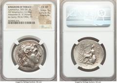 Ancients THRACIAN KINGDOM. Lysimachus (305-281 BC). AR tetradrachm (31mm, 16.94 gm, 1h). NGC Choice VF 5/5 - 4/5, Fine Style. Pergamum, ca. 297-281 BC. Diademed head of deified Alexander right, with h