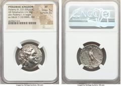 Ancients PTOLEMAIC EGYPT. Ptolemy IV Philopater (222-205/4 BC). AR stater or tetradrachm (24mm, 14.16 gm, 12h). NGC XF 5/5 - 3/5. Uncertain mint 40, dated Year 3 of an abortive era, ca. 216/5 BC. Diad