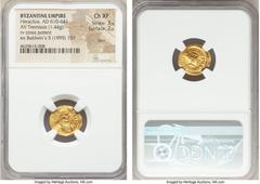 Ancients Heraclius (AD 610-641). AV tremissis (15mm, 1.44 gm, 7h). NGC Choice XF 3/5 - 2/5, bent. Sicily, 1st officina, ca. AD 610-613. d N hЄRACL-IЧS t P P AV, pearl-diademed, draped and cuirassed bu