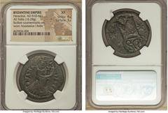 Ancients Heraclius (AD 610-641). AE follis or 40 nummi (34mm, 16.28 gm, 6h). NGC XF 4/5 - 3/5, countermarks. Syracuse, after AD 630. Countermark with crowned, draped and cuirassed facing bust of Herac