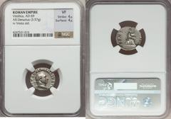 Ancients Roman Imperial Vitellius (AD 69). AR denarius (18mm, 3.57 gm, 6h). NGC VF 4/5 - 4/5. Rome, July-December AD 69. A VITELLIVS GERM IMP AVG TR P, laureate head of Vitellius right / PONT-MAXIM, V