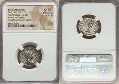 Ancients Roman Imperial Geta, as Caesar (AD 209-211). AR denarius (20mm, 3.24 gm, 7h). NGC Choice XF 5/5 - 3/5. Rome, AD 200-202. P SEPT GETA - CAES PONT, bare-headed, draped bust of youthful Geta rig