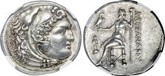 Ancients MACEDONIAN KINGDOM. Alexander III the Great (336-323 BC). AR tetradrachm (28mm, 17.08 gm, 12h). NGC Choice AU ★ 5/5 - 5/5, Fine Style. Posthumous issue of uncertain mint in western Asia Minor