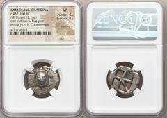 Ancients Greek SARONIC ISLANDS. Aegina. Ca. 457-350 BC. AR stater (22mm, 12.16 gm). NGC VF 4/5 - 4/5, brushed, countermark. Ca. 445/4-430 BC. Land tortoise with segmented shell, seen from above / Five