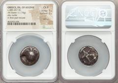 Ancients Greek SARONIC ISLANDS. Aegina. Ca. 480-457 BC. AR stater (20mm, 11.74 gm, 11h). NGC Choice Fine 5/5 - 2/5, test cut. Sea turtle, head in profile, with T-back design on shell / Large square in