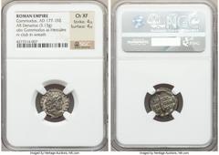 Ancients Roman Imperial Commodus (AD 177-192). AR denarius (17mm, 3.13 gm, 5h). NGC Choice XF 4/5 - 4/5. Rome, AD 191-192. L AEL AVREL COMM AVG P FEL, head of Commodus right, wearing lion's skin headd