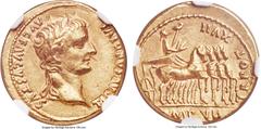 Ancients Tiberius (AD 14-37). AV aureus (19mm, 7.80 gm, 4h). NGC Choice AU 4/5 - 4/5. Lugdunum, AD 15-16. TI CAESAR DIVI-AVG F AVGVSTVS, laureate head of Tiberius right / TR POT-XVII, Tiberius standin