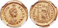 Ancients Aelia Pulcheria, Eastern Roman Empire (AD 414-453). AV solidus (21mm, 4.42 gm, 6h). NGC MS★ 5/5 - 5/5. Constantinople, 10th officina, AD 423-429. AEL PVLCH-ERIA AVG, pearl-diademed, draped bu
