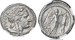 Ancients SICILY. Syracuse. Agathocles (317-289 BC). AR tetradrachm (27mm, 16.92 gm, 9h). NGC AU★ 5/5 - 5/5. Ca. 310-295 BC. KOPAΣ, wreathed head of Kore right, wearing single-pendant earring and neckl