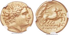 Ancients MACEDONIAN KINGDOM. Philip II (359-336 BC). AV stater (18mm, 8.54 gm, 8h). NGC AU 5/5 - 3/5. Lampsacus, under Philip III Arrhidaeus, 323-317 BC. Laureate head of Apollo right / ΦIΛIΠΠOY, char