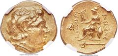 Ancients THRACIAN KINGDOM. Lysimachus (305-281 BC). AV stater (20mm, 8.52 gm, 12h). NGC AU 4/5 - 4/5. Posthumous issue of Byzantium, ca. 250-230 BC. Diademed head of deified Alexander III right, with 