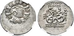 Ancients MYSIA. Pergamum. Proconsul C. Septimius T. f. (57-55 BC). AR cistophoric tetradrachm (29mm, 12.54 gm, 1h). NGC MS 4/5 - 5/5. Menogenes as magistrate. Serpent emerging from cista mystica; the 