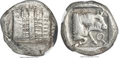 Ancients CILICIA. Tarsus (?). Ca. late 5th century BC. AR stater (19mm, 10.70 gm, 4h). NGC Choice XF 4/5 - 5/5. Side-view of fortified city walls with three crenelated towers, soldiers (?) on patrol b