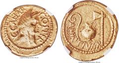 Ancients Julius Caesar, as Dictator (49-44 BC). AV aureus (20mm, 8.13 gm, 3h). NGC VF 5/5 - 3/5, edge marks. Rome, struck by Aulus Hirtius, 46 BC. C • CAESAR-COS • TER, veiled female head (Vesta or Pi