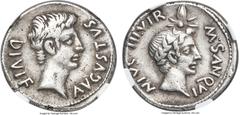 Ancients Augustus (27 BC-AD 14). AR denarius (19mm, 3.72 gm, 6h). NGC Choice VF 5/5 - 3/5, lt graffito. Rome, 17 BC, M. Sanquinius, moneyer. AVGVSTVS-DIVI F, bare head of Augustus right / M • SANQVI-N
