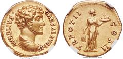 Ancients Marcus Aurelius, as Caesar (AD 139-161). AV aureus (20mm, 7.33 gm, 6h). NGC Choice XF 5/5 - 4/5. Rome, AD 147-148. AVRELIVS •-CAESAR AVG PII F, bare headed, draped and cuirassed bust of Marcu