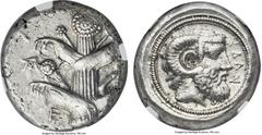 Ancients CYRENAICA. Cyrene. Ca. 480-435 BC. AR tetradrachm (25mm, 17.16 gm, 5h). NGC Choice AU 4/5 - 4/5, Fine Style. Silphium plant / KVPA, head of Zeus Ammon right in all within prominent dotted bor