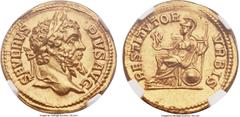 Ancients Septimius Severus (AD 193-211). AV aureus (21mm, 7.22 gm, 6h). NGC MS 5/5 - 5/5, Fine Style. Rome, AD 207. SEVERVS-PIVS AVG, laureate head of Septimius Severus right / RESTITVTOR-VRBIS, Roma 