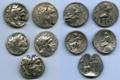 Ancients ANCIENT LOTS. Greek. Macedonian and Seleucid Kingdoms. Ca. 336-187 BC. Lot of five (5) AR tetradrachms. VG-Fine, test cuts, bankers punches. Includes: (4) Macedonian Kingdom, Alexander III th