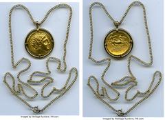 Ancients MACEDONIAN KINGDOM. Philip II (359-336 BC). AV stater (20mm, 15.61 gm (coin, mount and chain), 12h). XF, mounted in necklace. Lifetime or early posthumous issue of Pella, ca. 340-328 BC. Laur